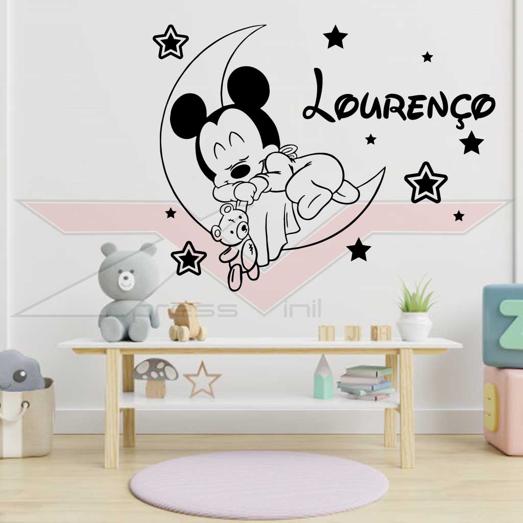 Vinil-Autocolante-Mickey-Bebe-Lua-com-Nome Vinil Autocolante Mickey Bebe Lua com Nome