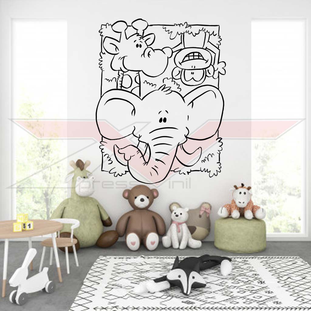Vinil-Autocolante-Moldura-Girafa-Elefante-e-Macaco Vinil Autocolante Moldura Girafa, Elefante e Macaco